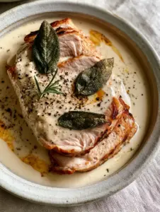 Close up of succulent pork loin slices with caramelized ivory milk sauce and cracked black pepper. (Italian milk-braised pork)