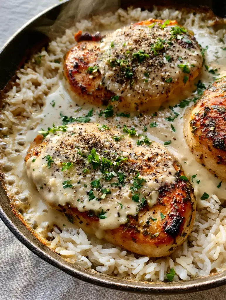 Creamy Smothered Chicken and Rice: The Ultimate Comfort Meal 1 Close up view of fluffy jasmine rice topped with golden-brown smothered chicken and fresh parsley garnish.