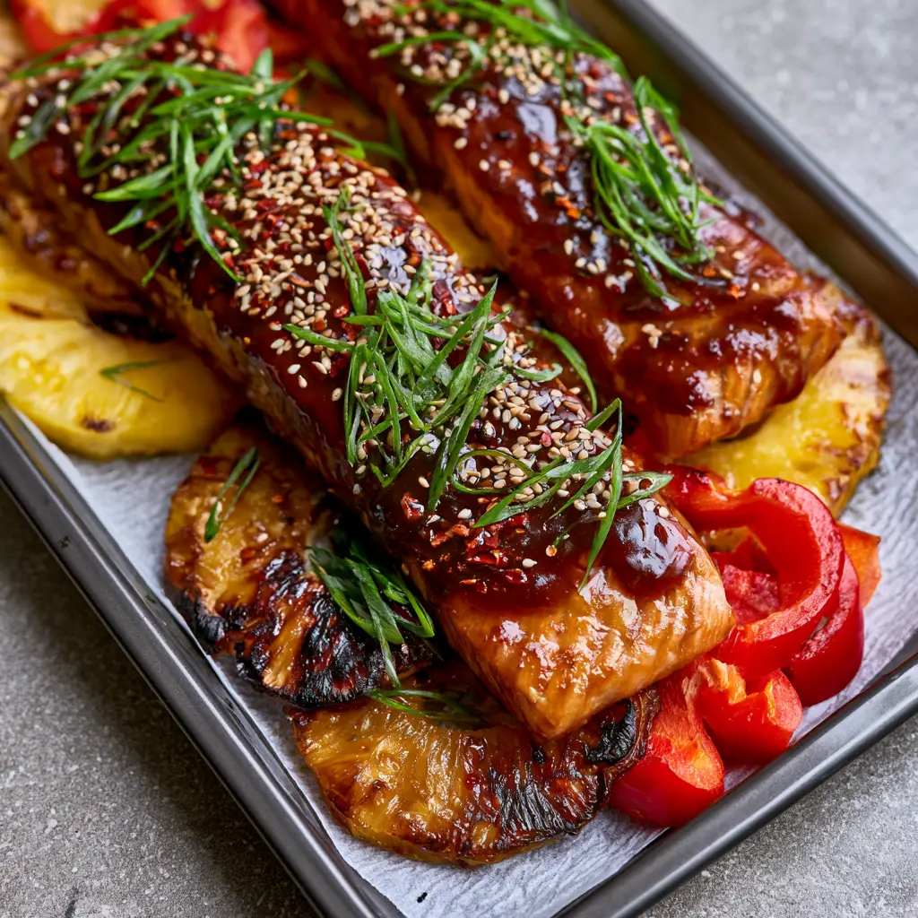 Baked Pineapple Salmon: The Ultimate Glistening Sheet Pan Dinner 1 Charred pineapple rings and red bell pepper strips on white parchment paper next to glazed salmon.
