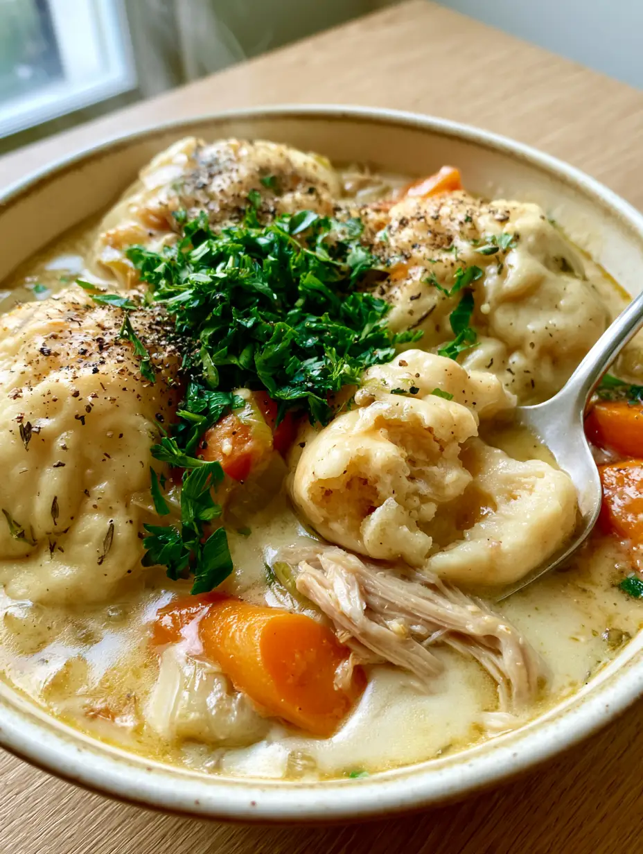 Close up of oversized pillowy herb dumplings in a velvety golden broth with shredded turkey. (turkey and dumplings)