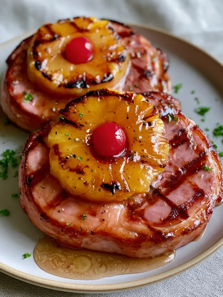 Caramelized pineapple rings and red cherries on top of thick-cut glazed ham steaks.