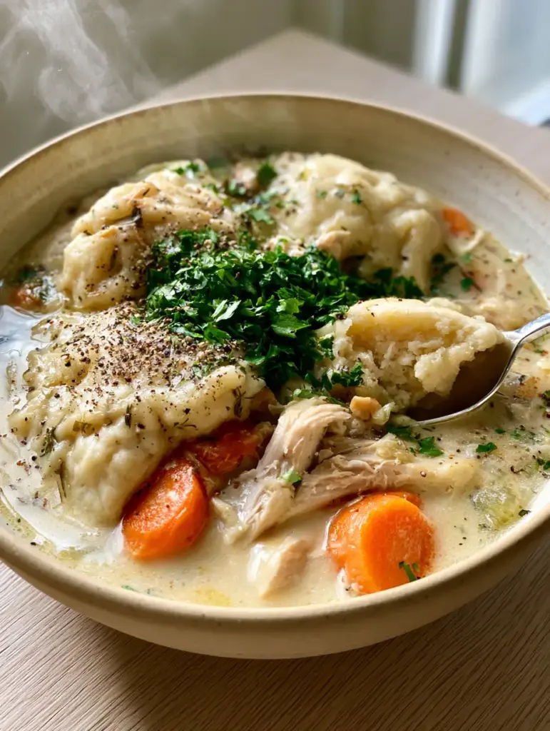 A silver spoon breaking open a light cake-like herb dumpling in a rustic cream ceramic bowl.