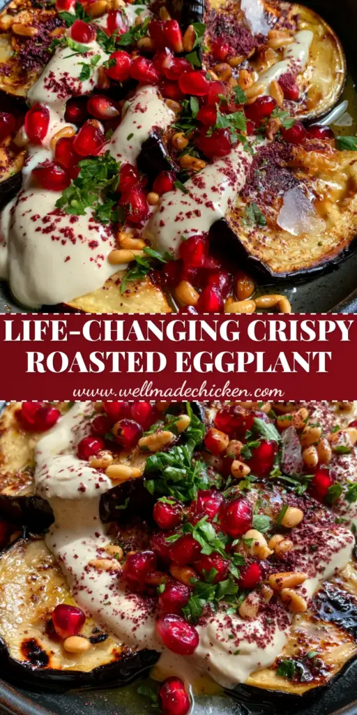 Thick roasted eggplant rounds with deep char marks and buttery centers, drizzled with creamy tahini and topped with ruby red pomegranate seeds and emerald parsley on a black plate. (Mediterranean Eggplant Recipes)
