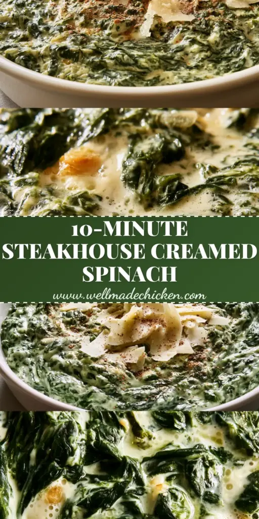 Creamed Spinach: The Ultimate Velvety Steakhouse Side Dish 3 A top-down view of thick steakhouse-style creamed spinach in a white dish, garnished with parmesan flakes and nutmeg. (creamed spinach)