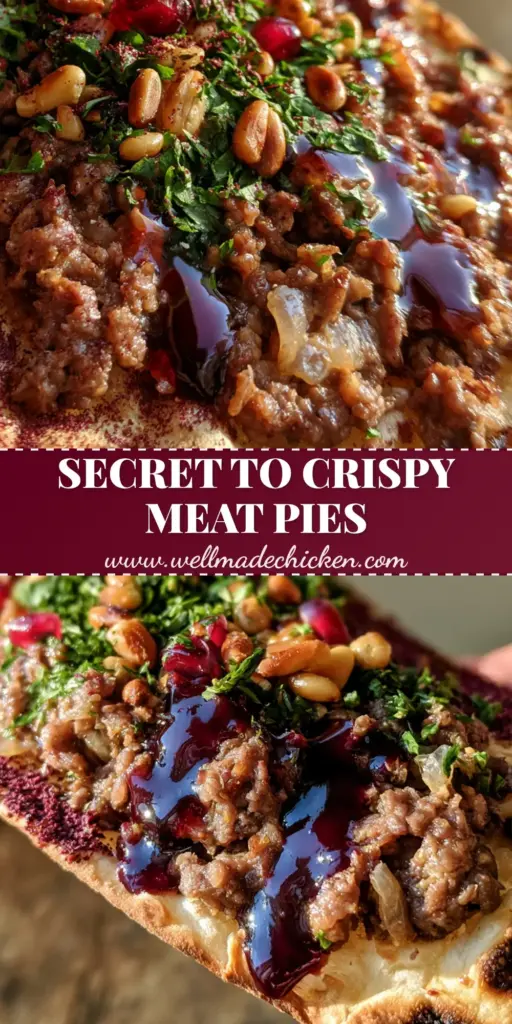 A single Lahm Bi Ajeen meat pie held up to show its paper-thin stone-baked dough with dark leopard-spot char marks and glossy pomegranate molasses drizzle.