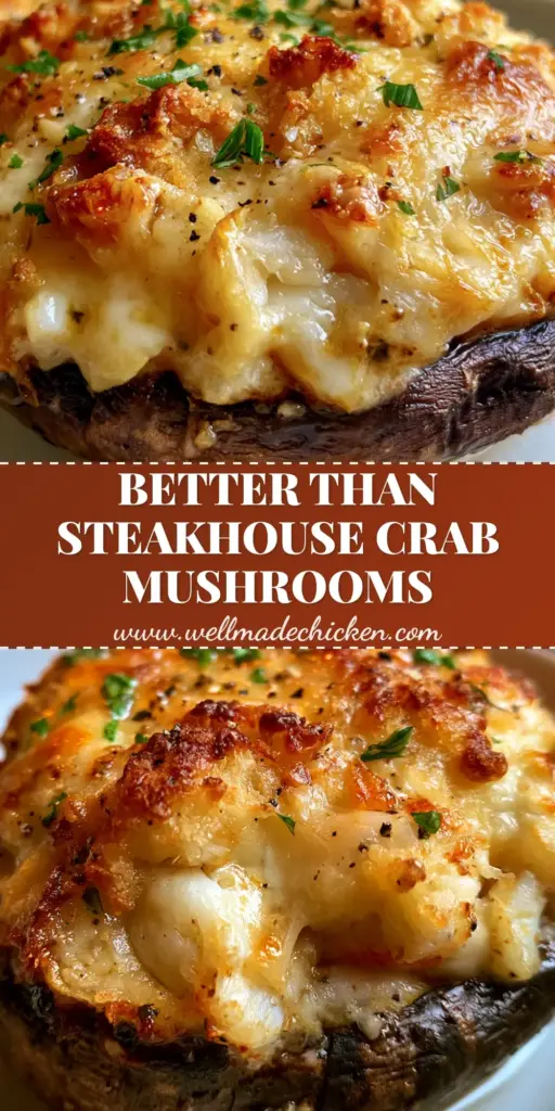 crab stuffed mushrooms with Jumbo Lump Crab and Garlic Butter 4 A vertical Pin image showing a stack of golden brown crab stuffed mushrooms with bubbling cheese and fresh parsley garnish.