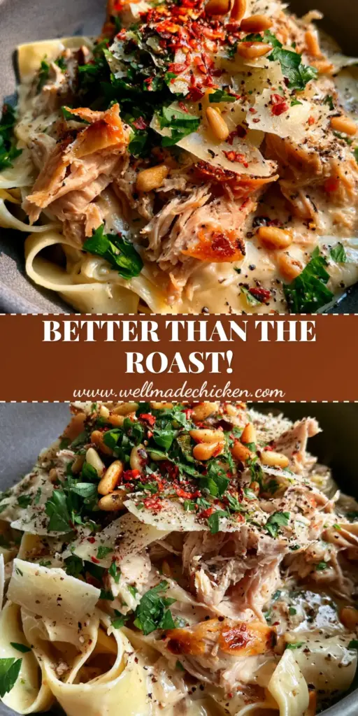 Leftover Turkey Recipes: Creamy Lemon Garlic Turkey Pappardelle 4 Overhead view of a charcoal bowl filled with creamy turkey pappardelle, garnished with parsley and pine nuts. (leftover turkey recipes)
