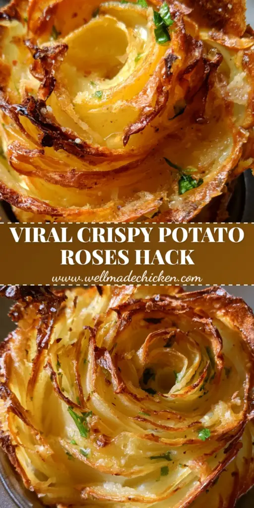 A close-up handheld shot of a single crispy potato rose with shattered golden edges and garlic butter glaze being lifted from a muffin tin.