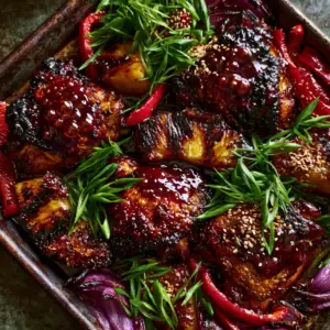 Close up of blistered chicken skin with mahogany Huli Huli glaze and caramelized pineapple wedges. (Huli Huli Chicken)
