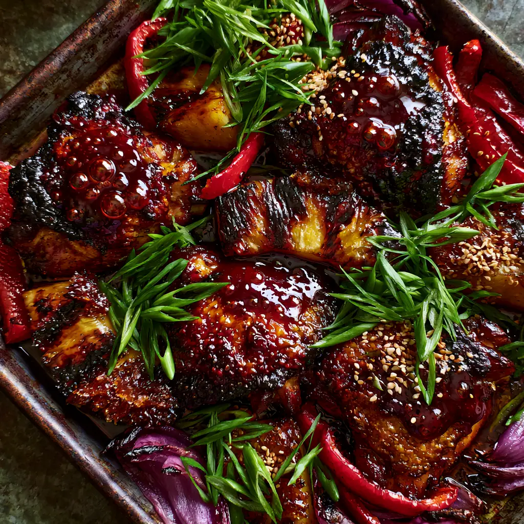 Huli Huli Chicken: The Ultimate Glazed Hawaiian Sheet Pan Feast 2 Close up of blistered chicken skin with mahogany Huli Huli glaze and caramelized pineapple wedges. (Huli Huli Chicken)