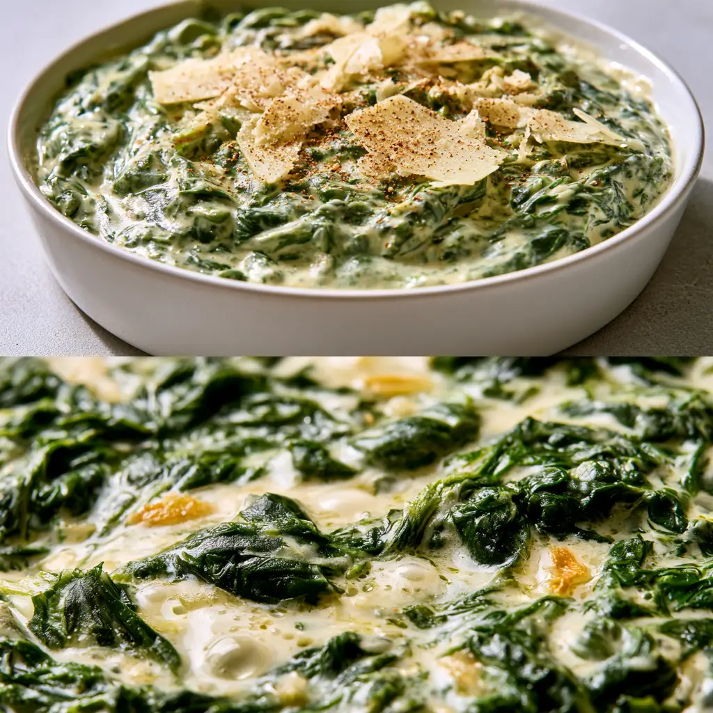 Creamed Spinach: The Ultimate Velvety Steakhouse Side Dish 2 Split screen showing finished creamed spinach and a macro shot of the ivory cream cheese sauce and garlic. (creamed spinach)