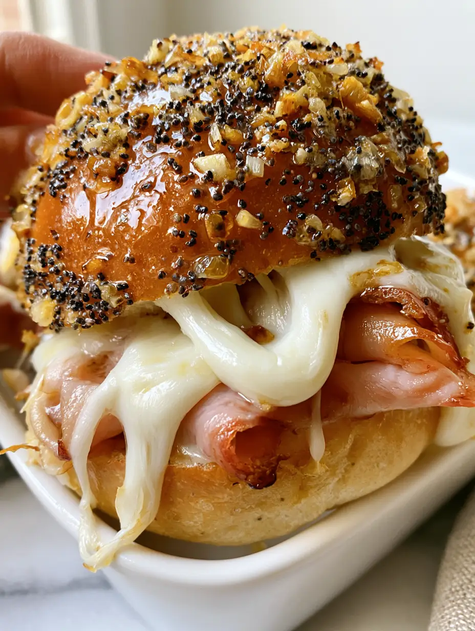 Ham and Cheese Sliders with Brown Sugar Glaze and Poppy Seeds 4 High-angle close-up of Ham and Cheese Sliders with a deep golden brown sugar butter glaze and black poppy seeds.