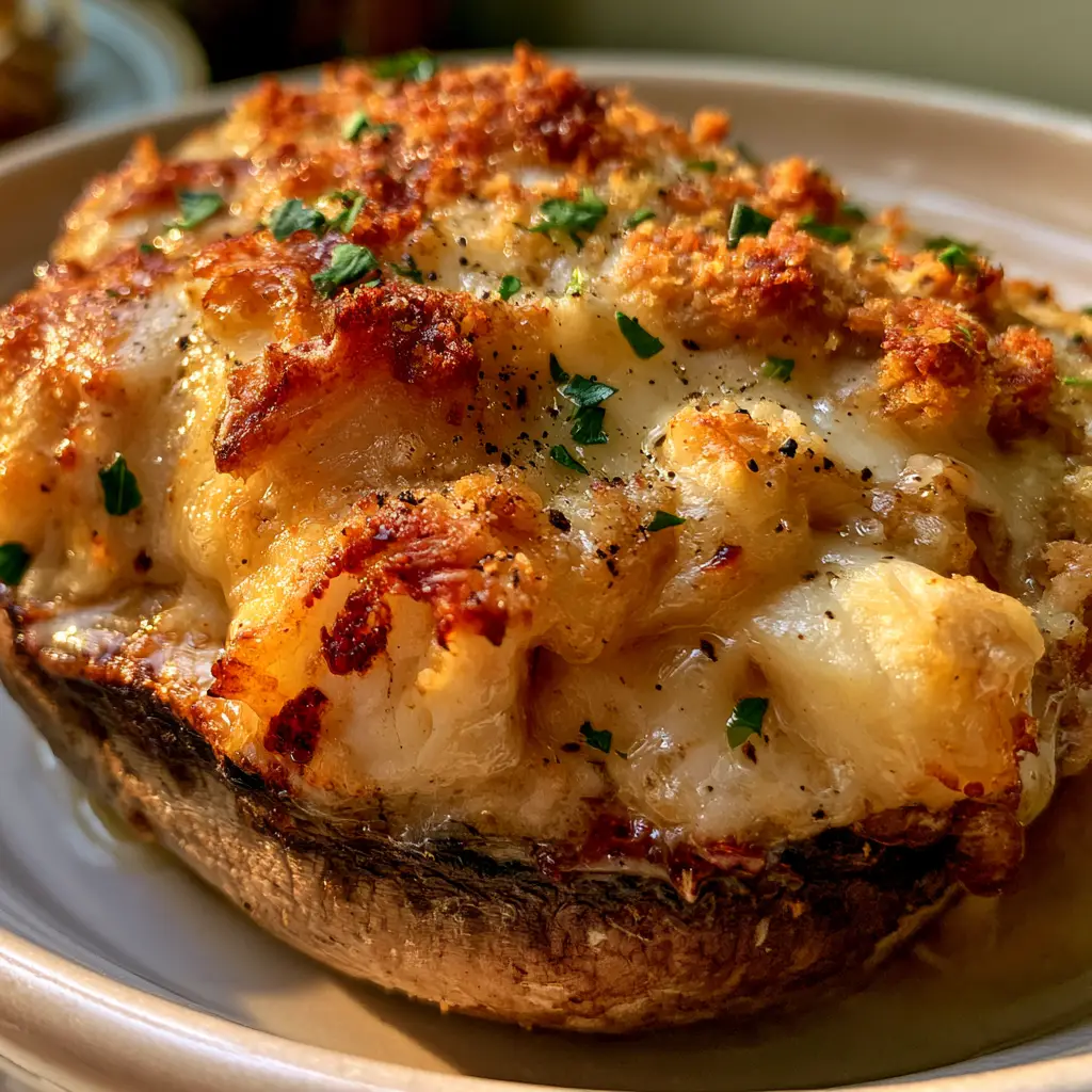 crab stuffed mushrooms with Jumbo Lump Crab and Garlic Butter 2 Extreme macro close-up of a single roasted cremini mushroom cap overflowing with massive chunks of jumbo lump crab meat. (crab stuffed mushrooms)