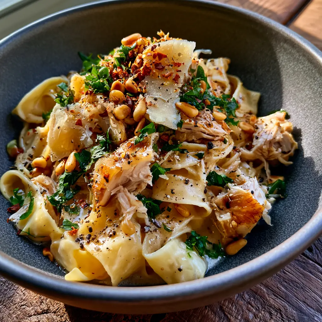 Leftover Turkey Recipes: Creamy Lemon Garlic Turkey Pappardelle 2 Close-up of succulent hand-pulled turkey with golden seared edges in a glossy cream sauce. (leftover turkey recipes)
