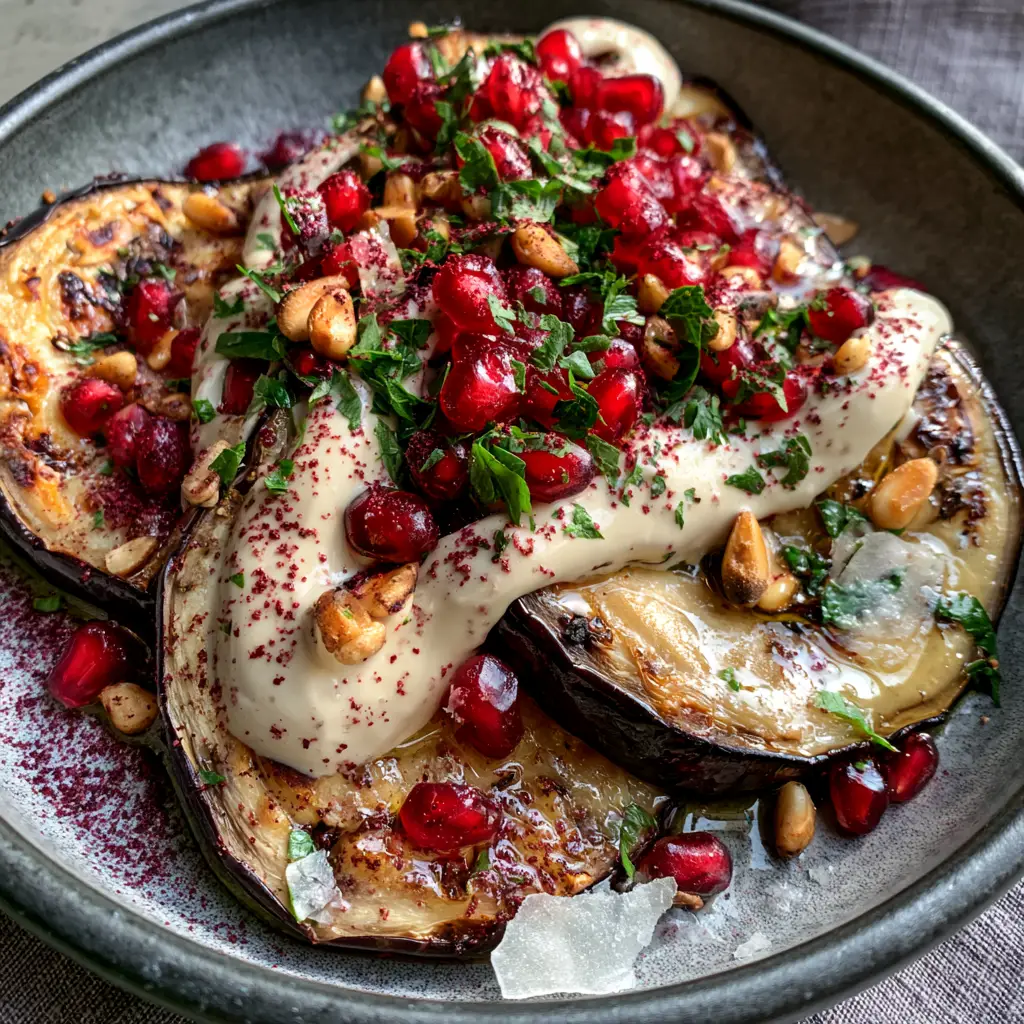 Roasted eggplant rounds on a rustic matte black plate with glistening extra virgin olive oil and vibrant garnishes.