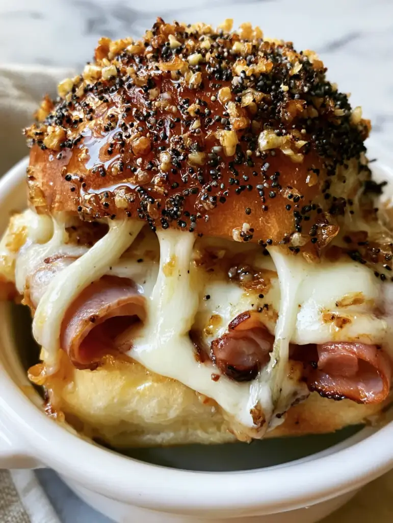 Ham and Cheese Sliders with Brown Sugar Glaze and Poppy Seeds 1 Handheld photo showing the bottom of a Ham and Cheese Slider bun, which is perfectly toasted, dry, and golden-crisp.