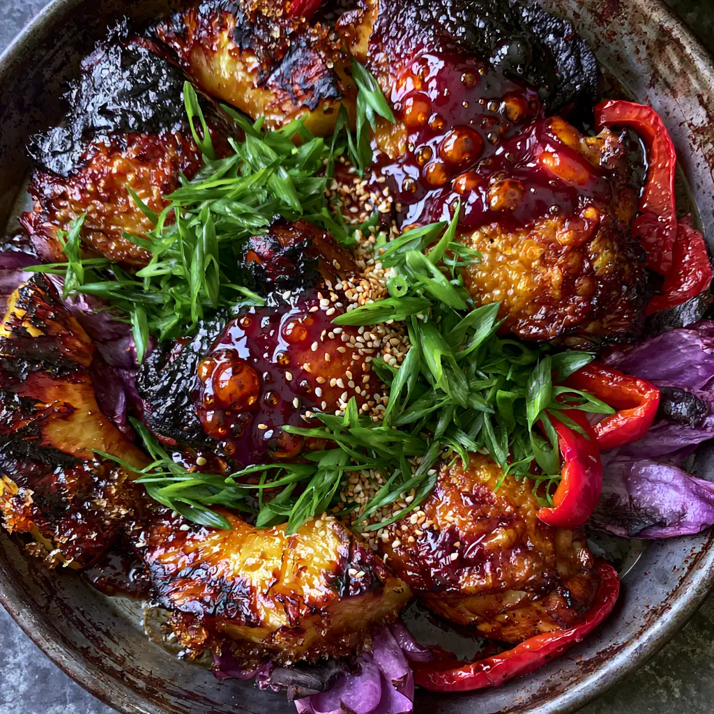Huli Huli Chicken: The Ultimate Glazed Hawaiian Sheet Pan Feast 1 Full sheet pan of Huli Huli Chicken with charred purple onions and toasted sesame seeds.