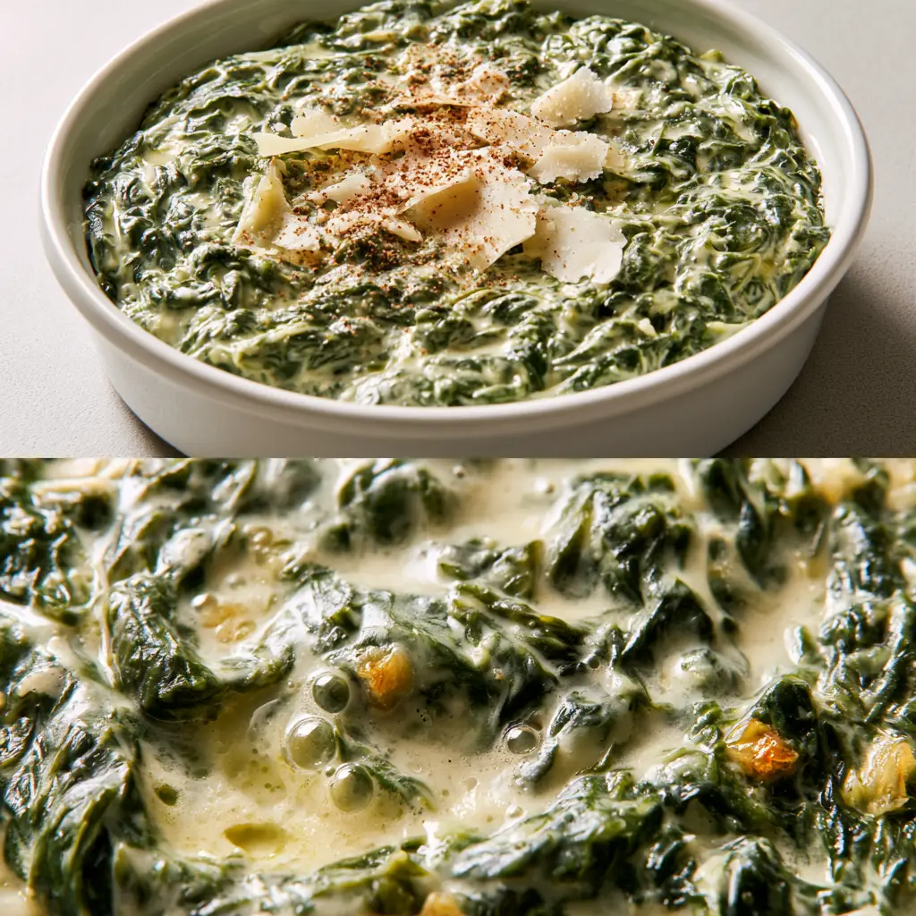 Creamed Spinach: The Ultimate Velvety Steakhouse Side Dish 1 Extreme close up of wilted dark green spinach suspended in ivory sauce with butter droplets and garlic bits. (creamed spinach)