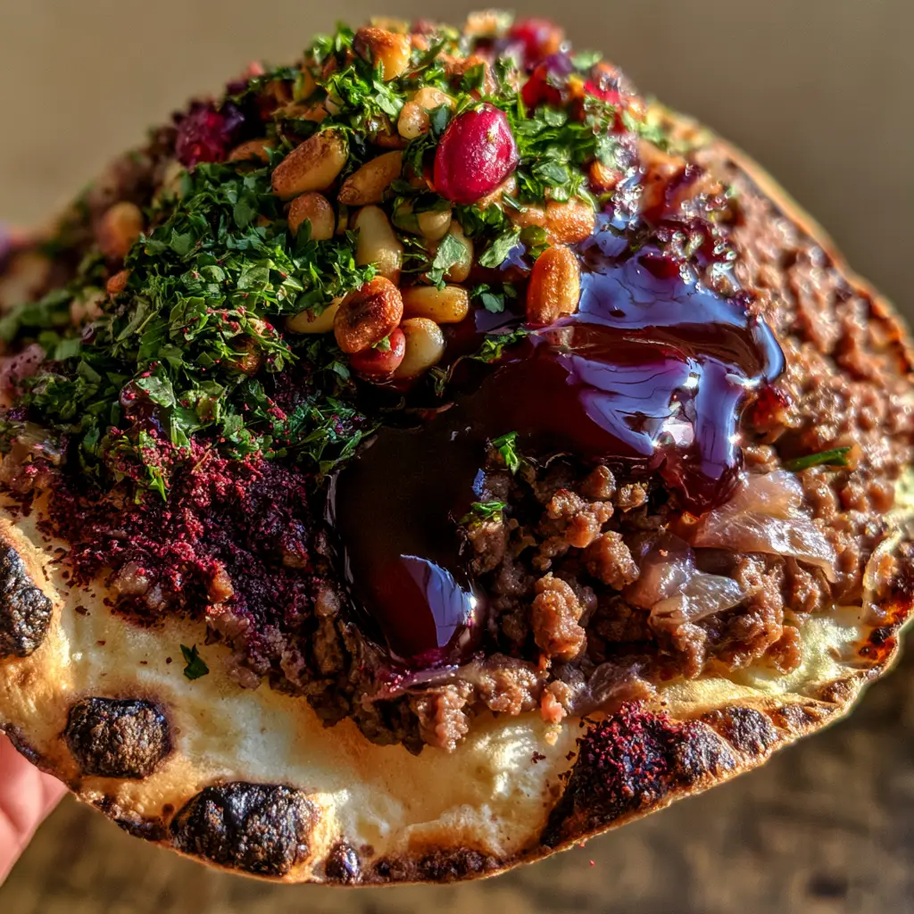 Extreme close-up of charred crispy edges and ruby red pomegranate arils on a Lahm Bi Ajeen meat pie.