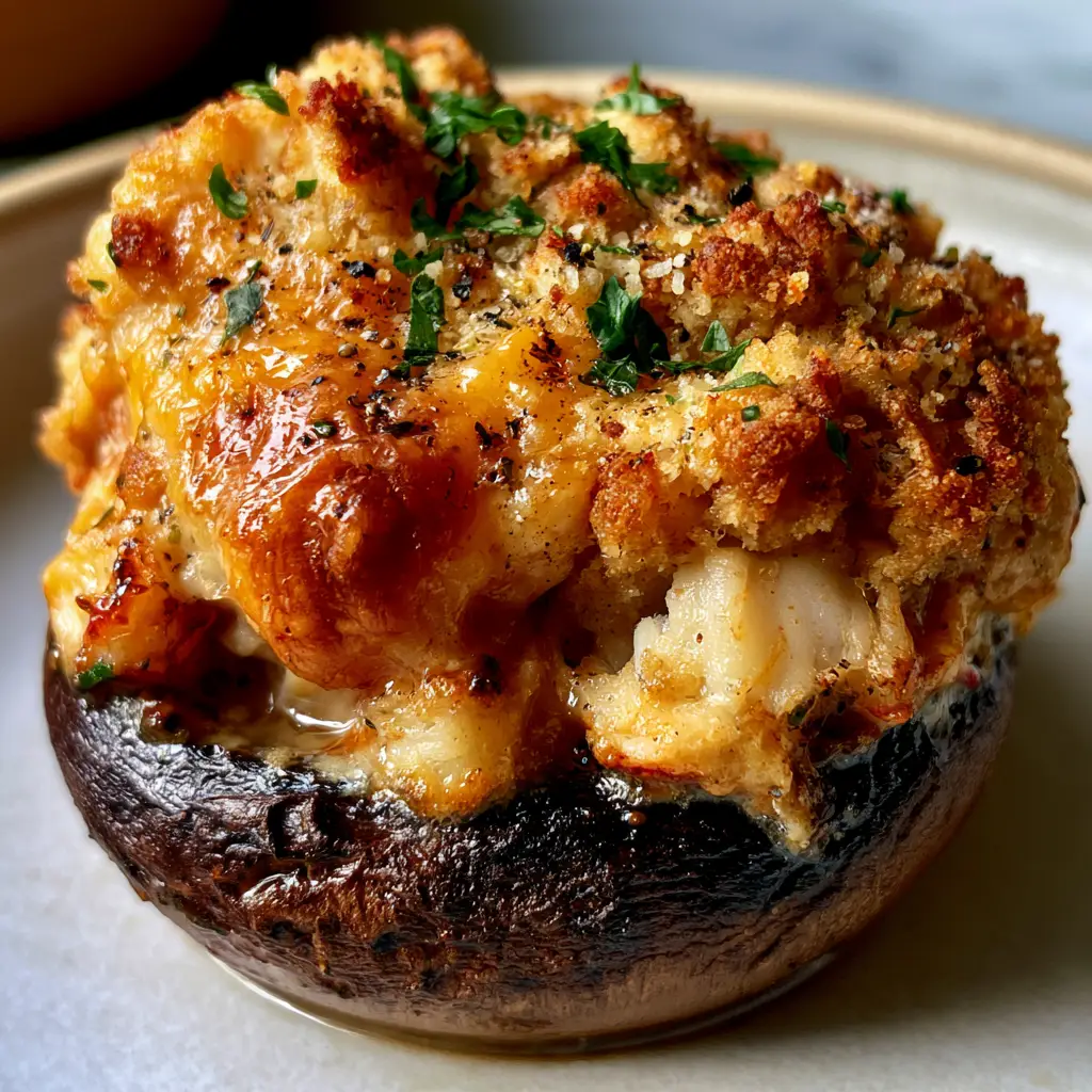 crab stuffed mushrooms with Jumbo Lump Crab and Garlic Butter 1 Close up of roasted crab stuffed mushrooms on a white plate with steam rising and glistening garlic butter glaze.