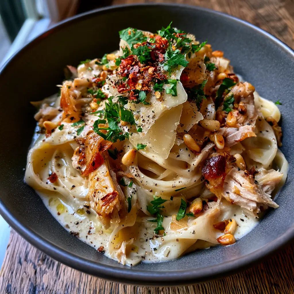 Leftover Turkey Recipes: Creamy Lemon Garlic Turkey Pappardelle 1 A rustic table setting featuring a matte charcoal bowl of lemon garlic turkey pasta with shaved parmesan.
