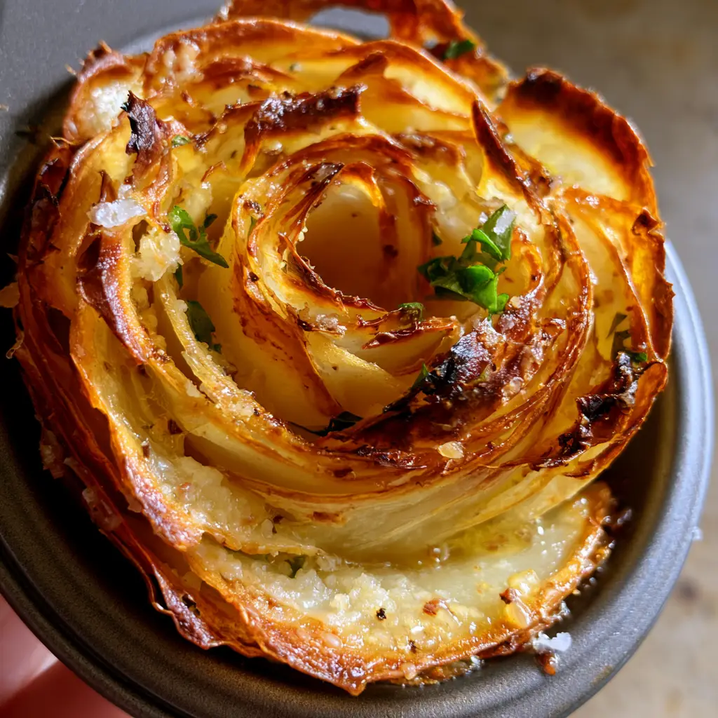 A single garlic butter potato rose showing a glistening buttery core and shattered crispy edges.