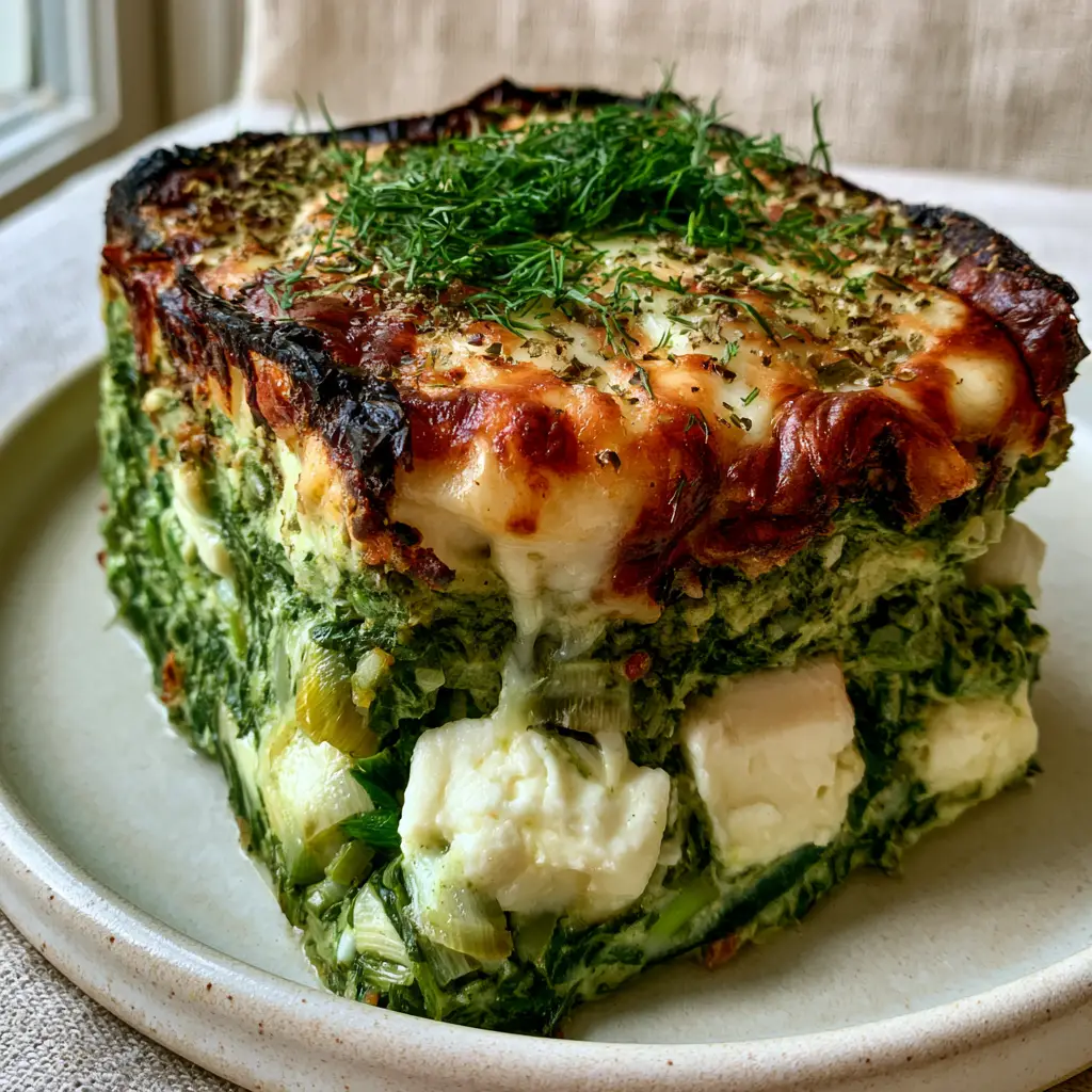 Feta and Spinach Casserole: The Ultimate Cheesy Mediterranean Bake 1 Interior view of the feta and spinach casserole showing large chunks of white feta mixed with vibrant green baby spinach.