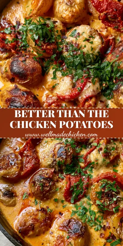 A top-down photo of Marry Me Potatoes in a black skillet featuring crispy roasted gold baby potato halves in a creamy sun-dried tomato sauce with melted parmesan and fresh parsley.