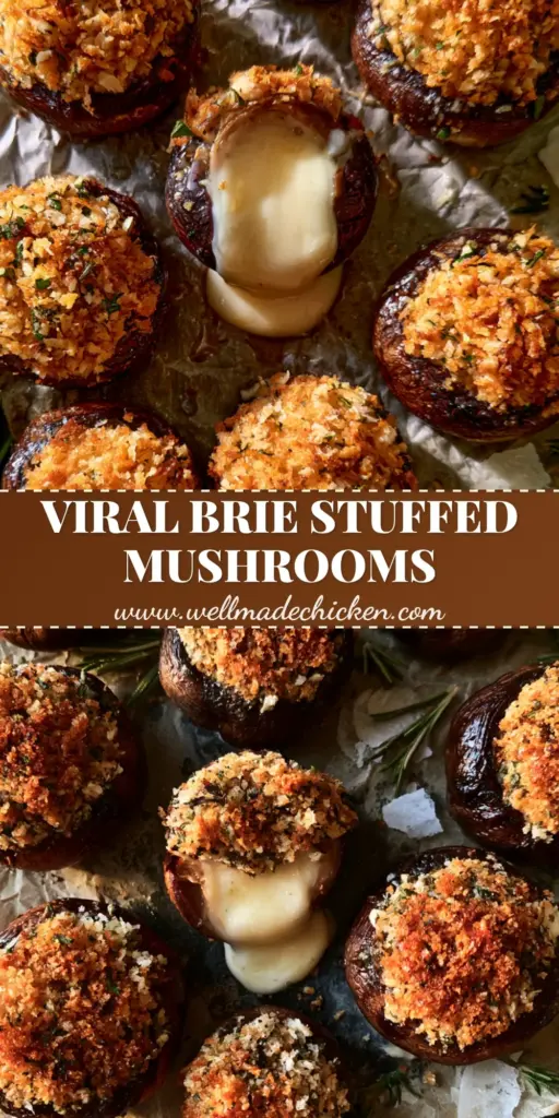 Brie Stuffed Mushrooms with Garlic Herb Panko 4 A top-down view of Brie Stuffed Mushrooms on parchment paper with molten cheese oozing out and a golden panko crust.