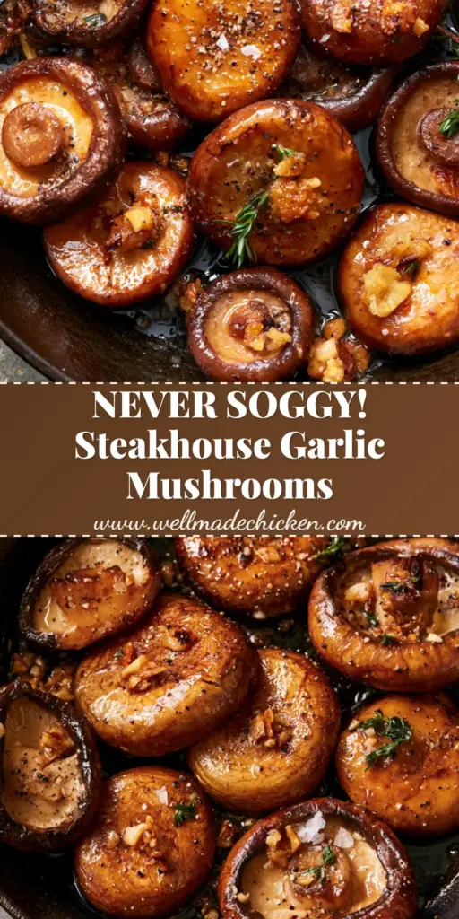 A close-up vertical shot of caramelized Garlic Mushrooms Recipe in a cast iron skillet with crispy garlic and thyme.