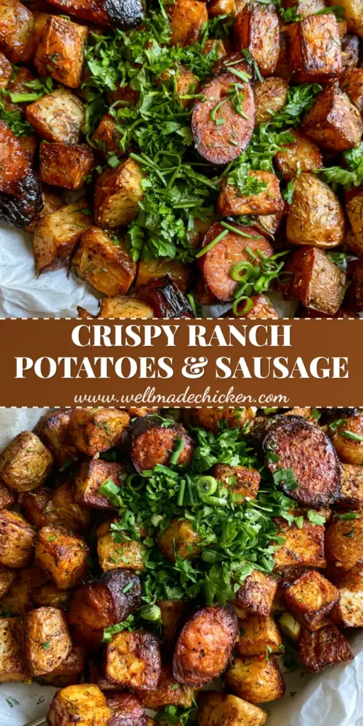 A top-down view of extra crispy ranch potatoes with sausage on crumpled white parchment paper, garnished with fresh chives and parsley. (ranch potatoes with sausage)