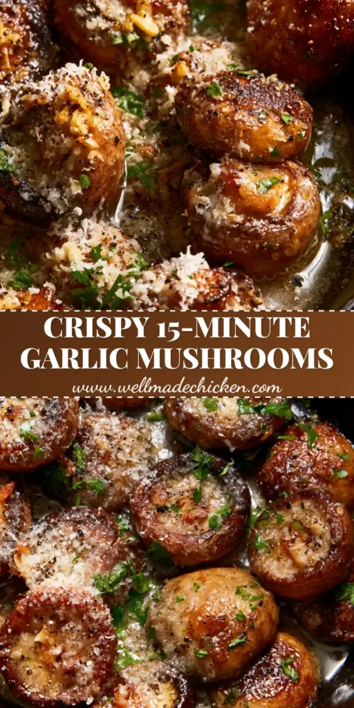 A rustic cast iron skillet filled with golden-brown seared garlic parmesan mushrooms, melted butter, and fresh parsley.