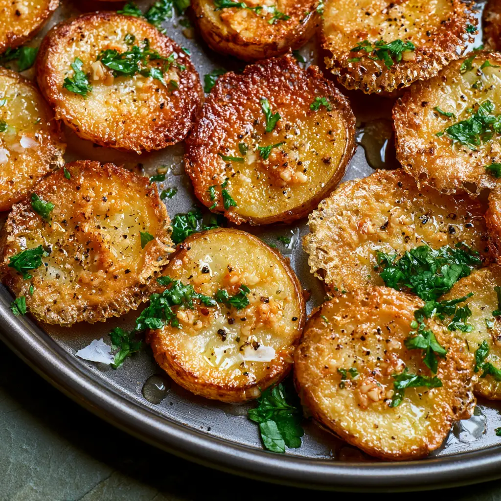 Mini Baked Parmesan Potato Rounds with a Lacy Garlic Butter Crust 2 Close up of mini baked parmesan potato rounds on a metallic pan showing the shimmering butter and translucent cheese skirt.