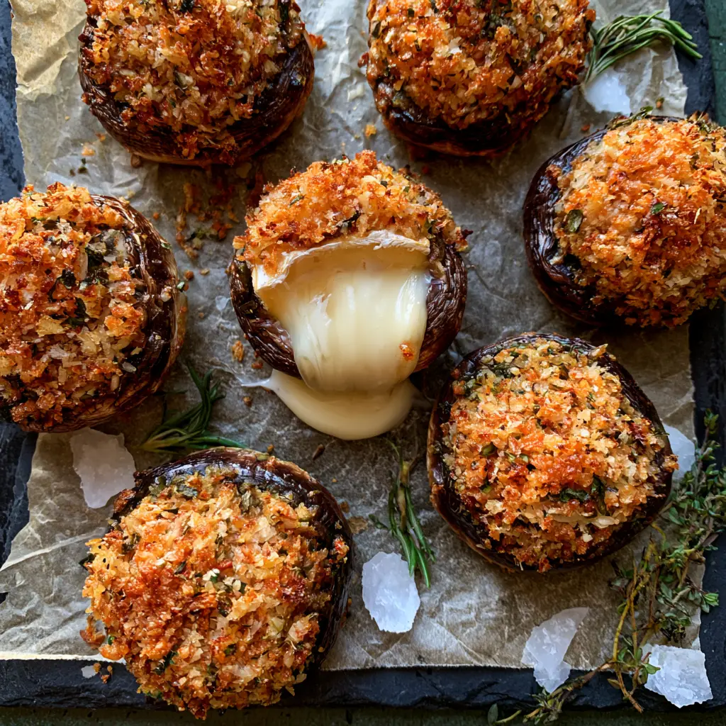 Brie Stuffed Mushrooms with Garlic Herb Panko 2 Eight roasted cremini mushrooms arranged on parchment paper, highlighting the toasted panko and fresh rosemary garnish. (Brie Stuffed Mushrooms)