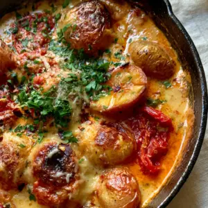 Close up of charred roasted baby potato halves smothered in a thick heavy cream sauce with vibrant sun-dried tomatoes. (Marry Me Potatoes)