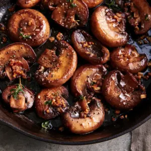 High-angle view of thick-cut Cremini mushrooms searing in a skillet for a Garlic Mushrooms Recipe.