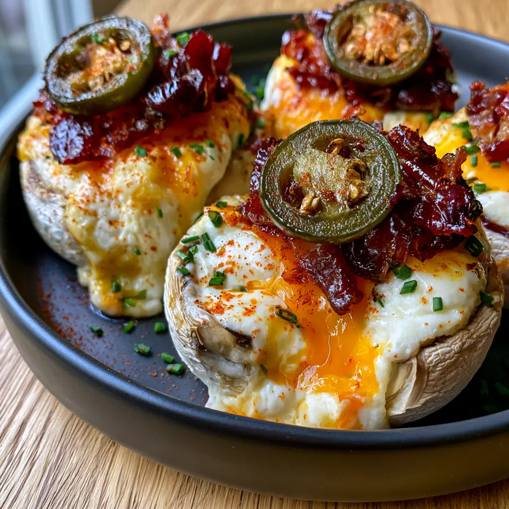 Jalapeno Popper Stuffed Mushrooms with Crispy Bacon 2 A smartphone photo of roasted jalapeno popper stuffed mushrooms with molten cream cheese and bubbling sharp cheddar.