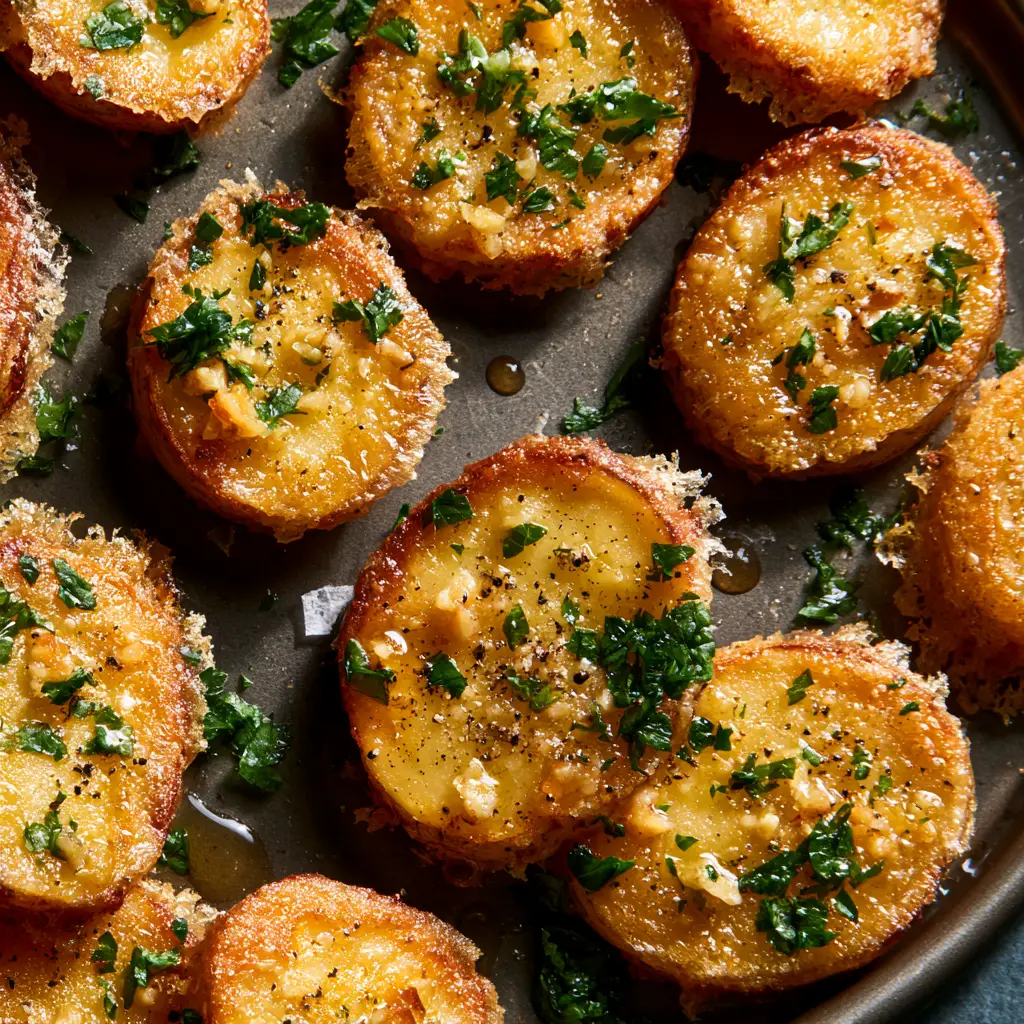 Mini Baked Parmesan Potato Rounds with a Lacy Garlic Butter Crust 1 Golden brown potato slices with a toasted parmesan crust and fresh green parsley scatter.