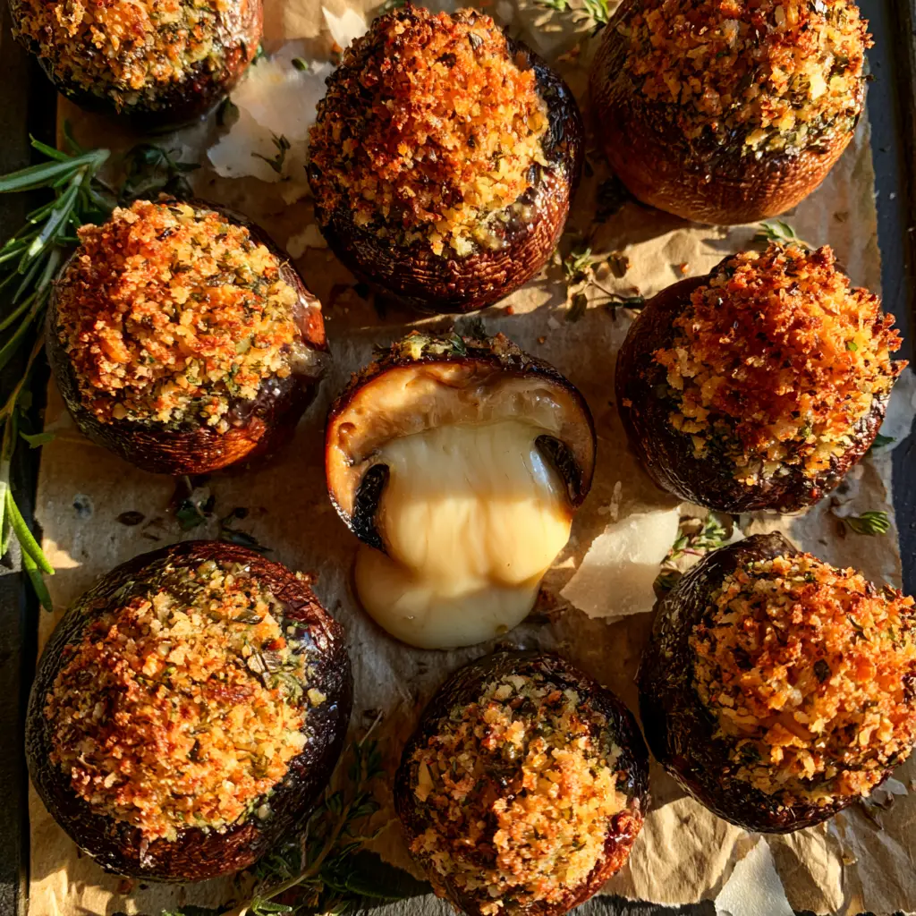 Brie Stuffed Mushrooms with Garlic Herb Panko 1 Close-up of a Brie Stuffed Mushroom cut in half, showing the molten ivory brie cheese center spilling onto a slate tray.