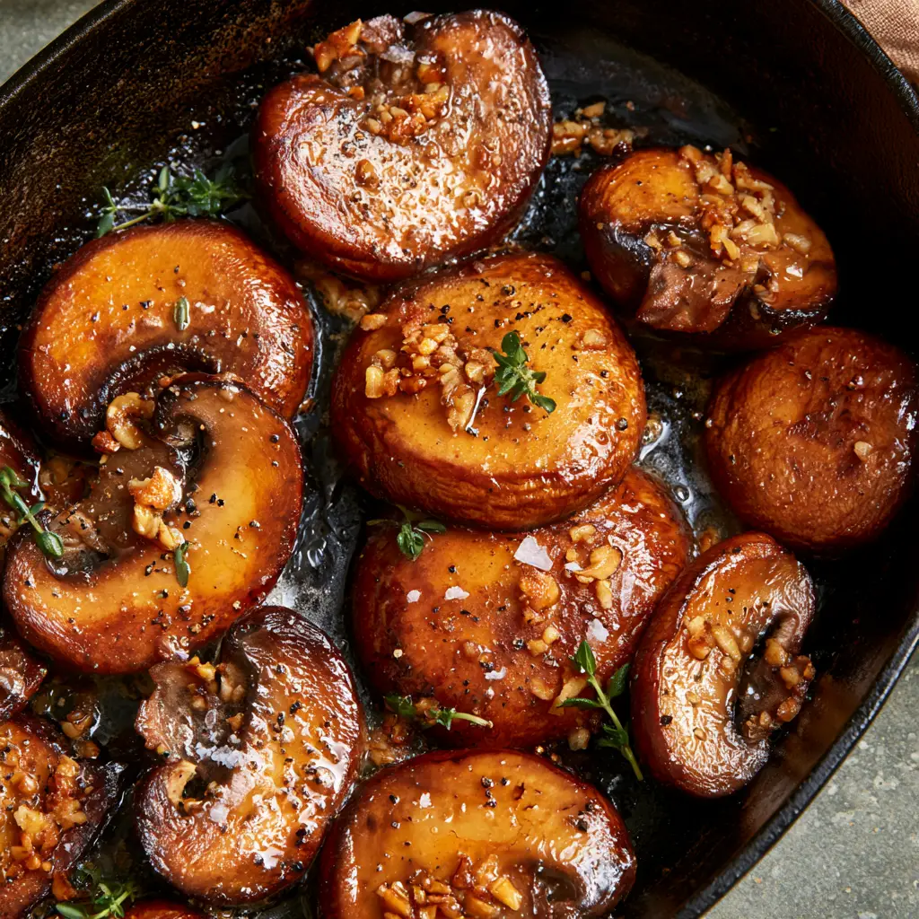 Golden-brown mushrooms glistening with butter and sprinkled with crispy garlic and thyme (Garlic Mushrooms Recipe).