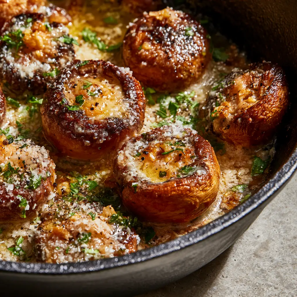 Overhead view of garlic parmesan mushrooms in a black skillet with toasted garlic and parsley flecks.