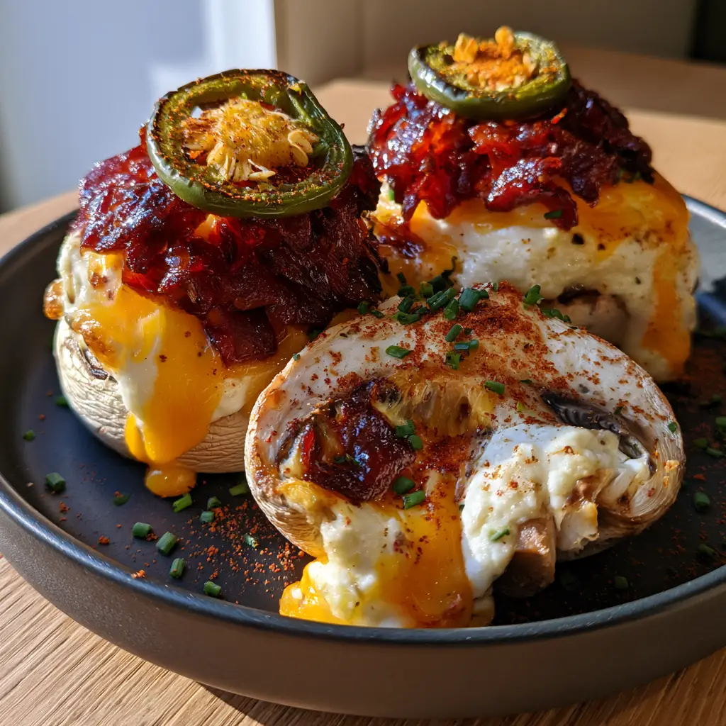 Jalapeno Popper Stuffed Mushrooms with Crispy Bacon 1 A cross-section of a jalapeno popper stuffed mushroom showing the steaming creamy interior and charred jalapeno topping.