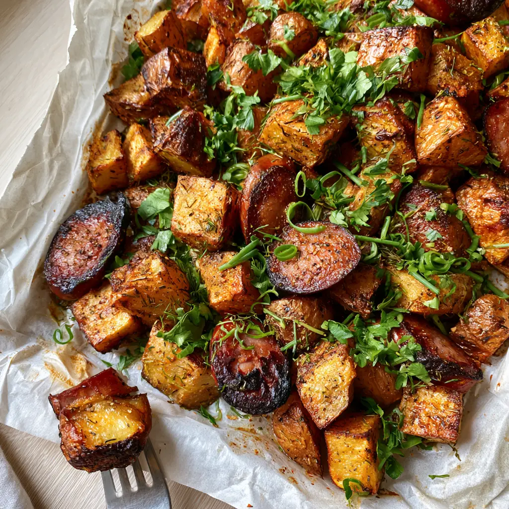 Close up of a fork lifting a crispy roasted potato and a blistered slice of smoked sausage.