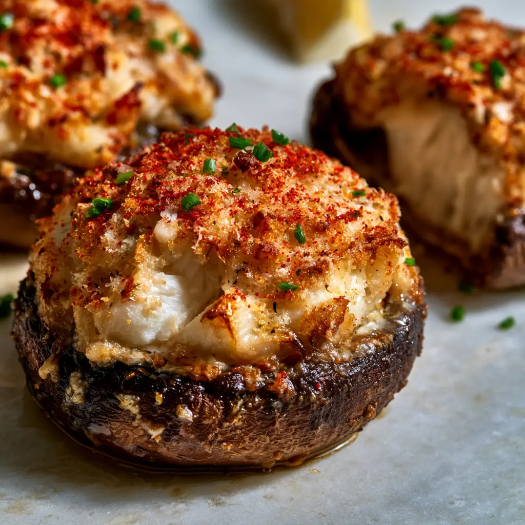 crab-stuffed portobello mushrooms with Garlic Butter and Toasted Panko 2 Low-angle shot of roasted crab-stuffed portobello mushrooms showing the chunky white lump crab filling. (crab-stuffed portobello mushrooms)