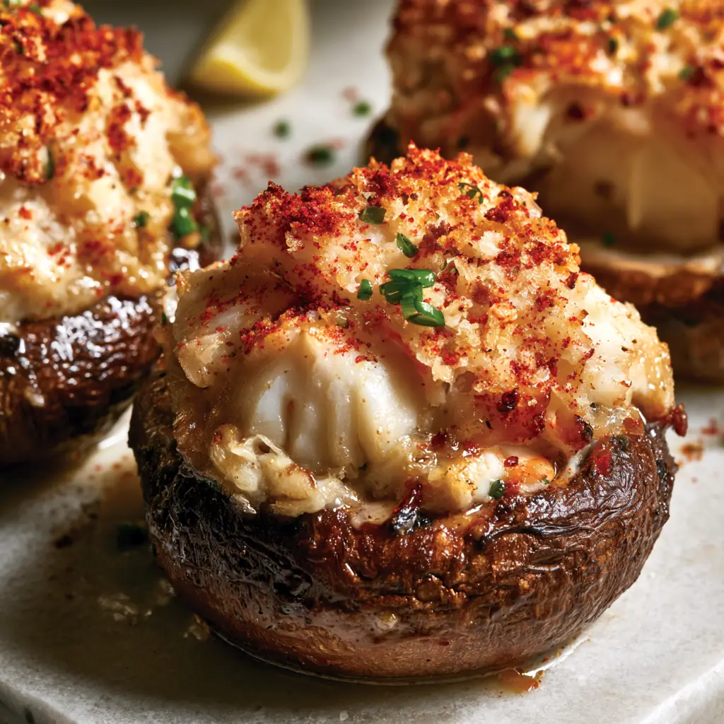 crab-stuffed portobello mushrooms with Garlic Butter and Toasted Panko 1 A sliced crab-stuffed portobello mushroom revealing a dense, non-watery interior and glistening garlic butter.
