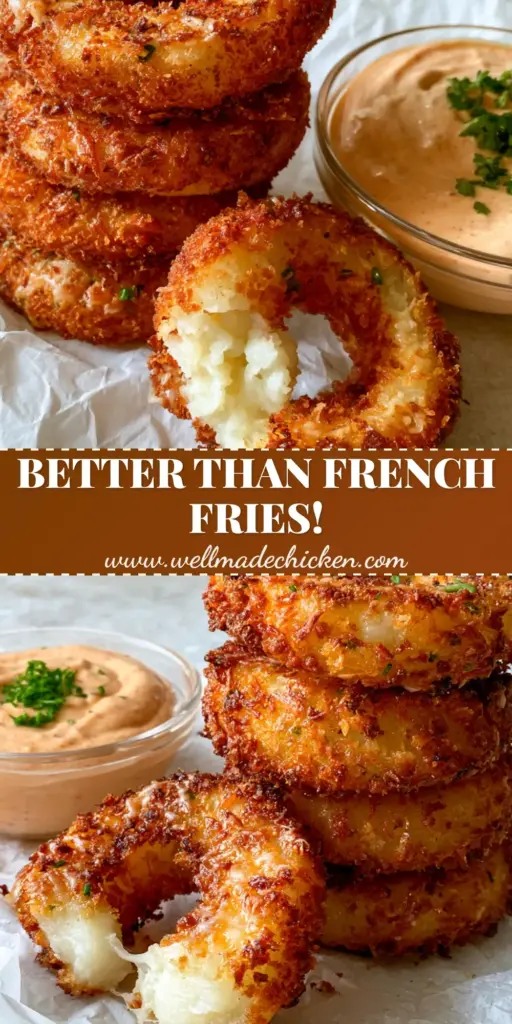 Potato Rings: The Ultimate Crispy Mashed Potato Snack 4 A stack of crispy golden-brown potato rings on white parchment paper with chipotle aioli. (potato rings)
