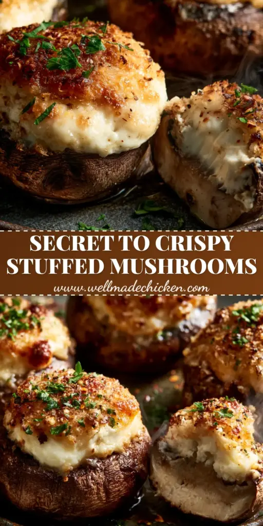 A close-up of Garlic Parmesan Stuffed Mushrooms with a golden-brown panko crust and parsley garnish on a dark platter.