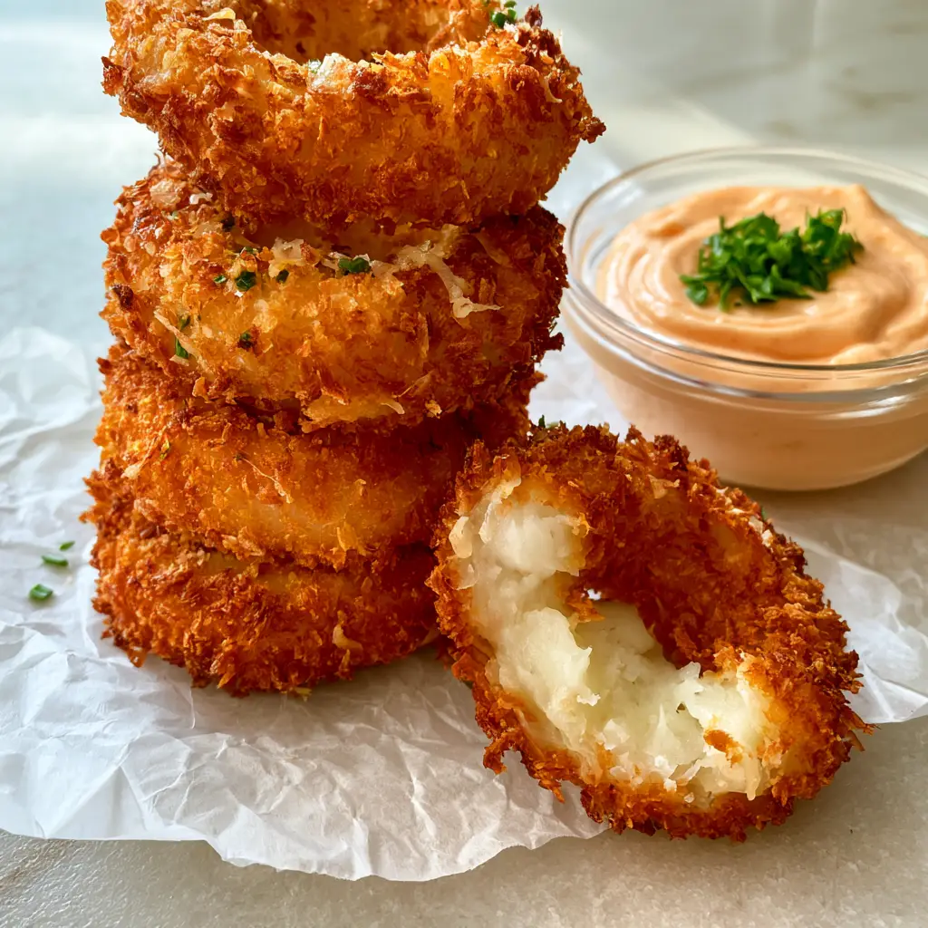 Handheld photo showing a stack of potato rings with a broken one revealing a fluffy interior. (potato rings)