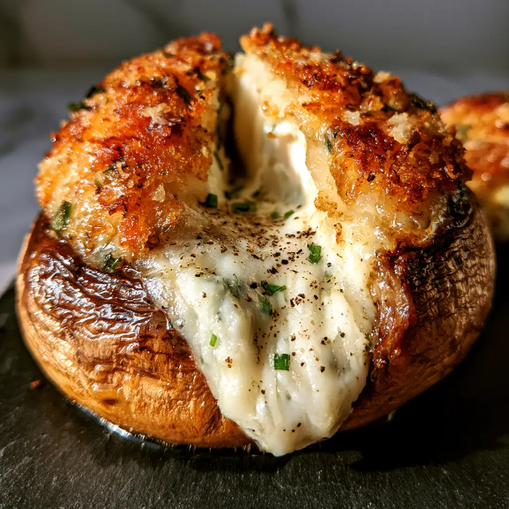 Goat Cheese Stuffed Mushrooms with Garlic and Herbs 2 Extreme macro photo of a single Goat Cheese Stuffed Mushroom showing glossy roasted skin and creamy filling.