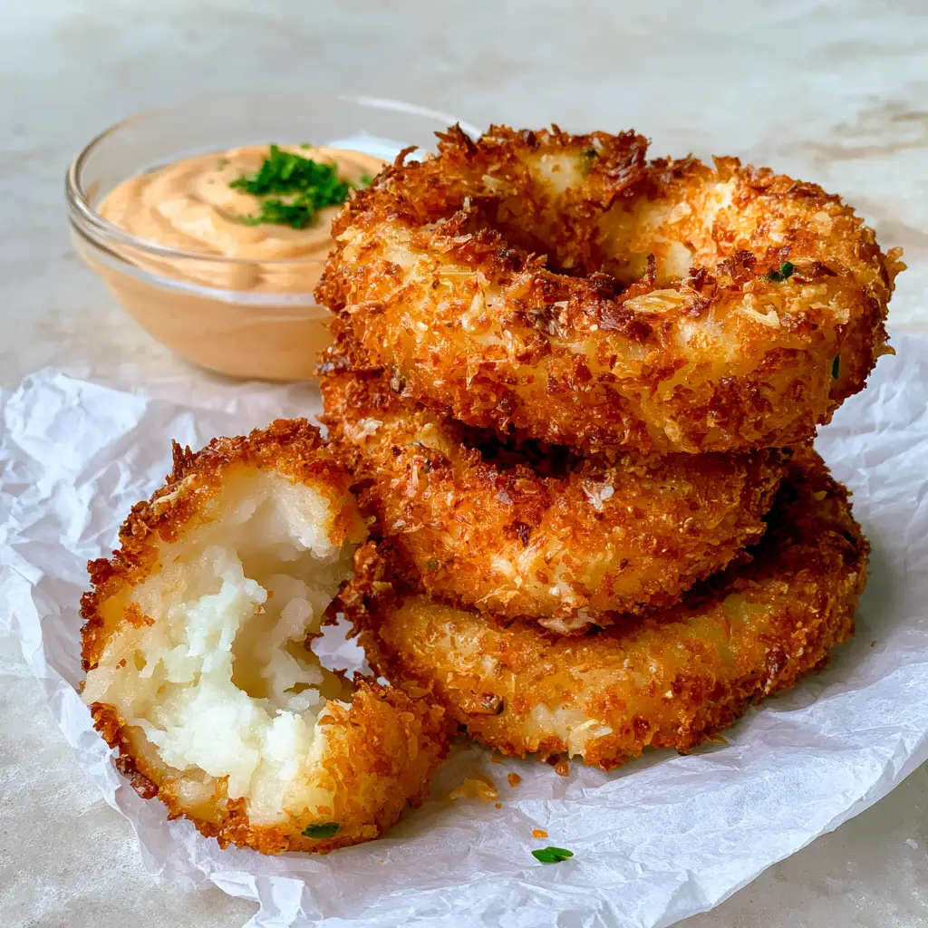 Potato Rings: The Ultimate Crispy Mashed Potato Snack 1 Close up of potato rings on parchment paper with a bowl of orange chipotle aioli and parsley garnish.